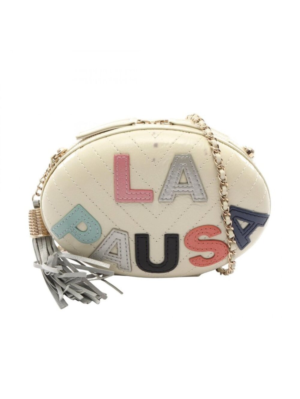 Chanel Shoulder Bag la Pausa Chevron V-stitch Off White Multi Leather la Fringe